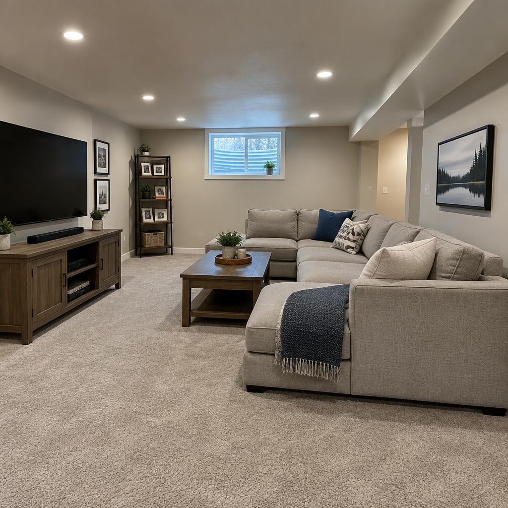 Finished basement family room with recessed lighting and neutral carpet