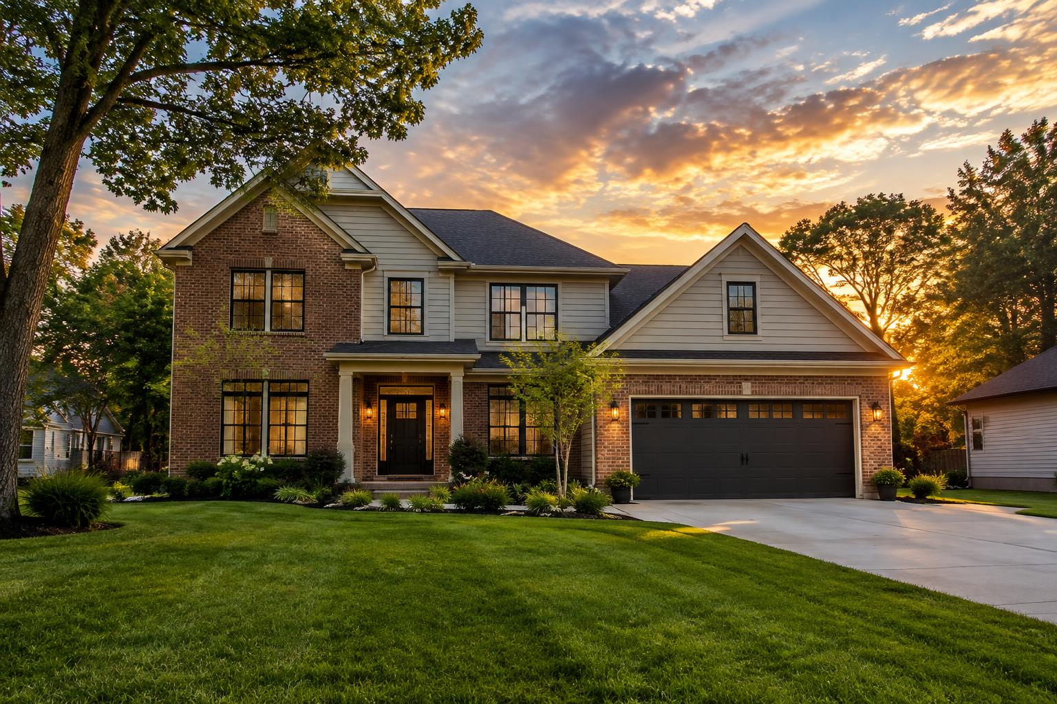 Newly built two-story home with an addition in a Southeast Michigan neighborhood at sunset