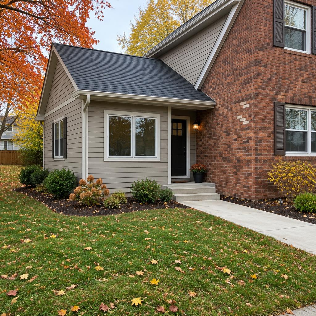 Finished home addition with matching siding on a Michigan brick home