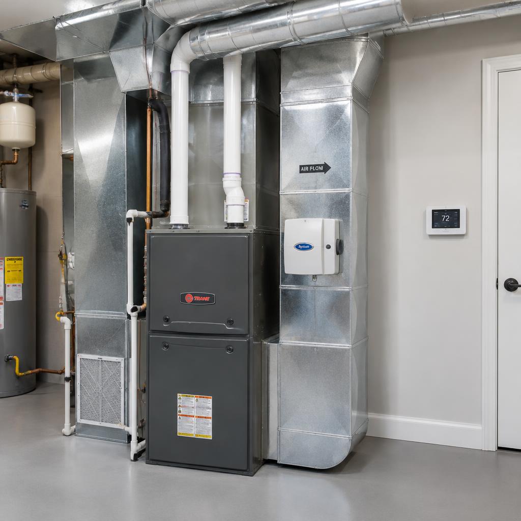 Modern furnace and silver ductwork in a clean utility room