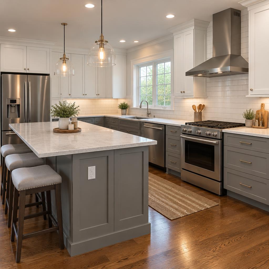 Newly remodeled kitchen with grey island, white cabinetry, and stainless appliances