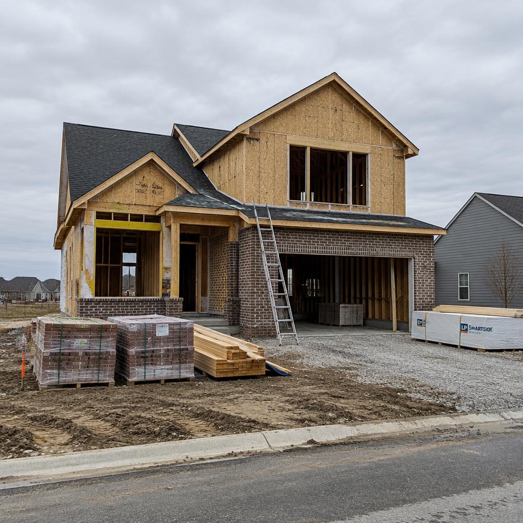 New home under construction with framing and brick exterior in a Michigan neighborhood