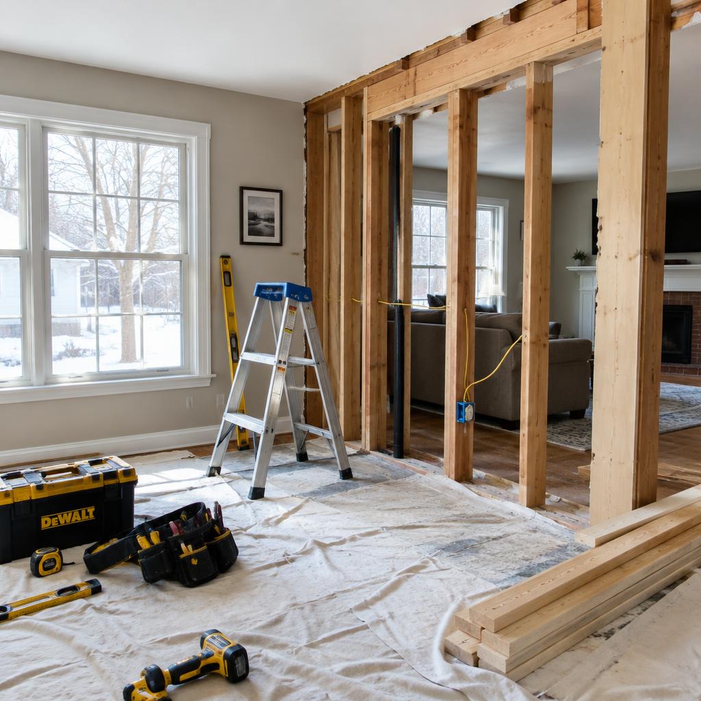 Home renovation in progress with new wall framing and tools on drop cloths